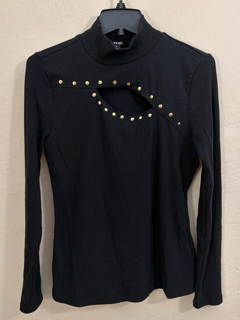 INC International Concepts Black Ribbed Turtleneck with Gold Stud Cutout
